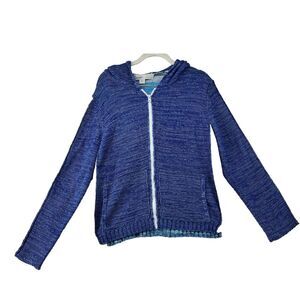 Curio New York Knit Zip‎ Up Hoodie Blue White Long Sleeve Sweater Beachy Coastal